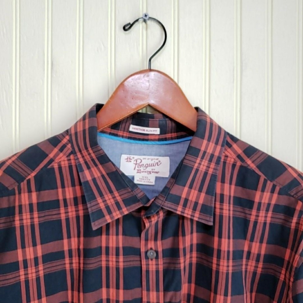 Penguin By Munsingwear Shirt Mens 2XL Red Navy Plaid Heritage Slim Fit Button-Up